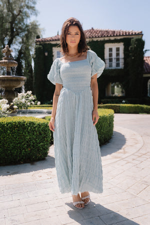 white smocked maxi dress Empress Strapless wearing a size S.Style Kerra Smocked Linen Maxi Dress