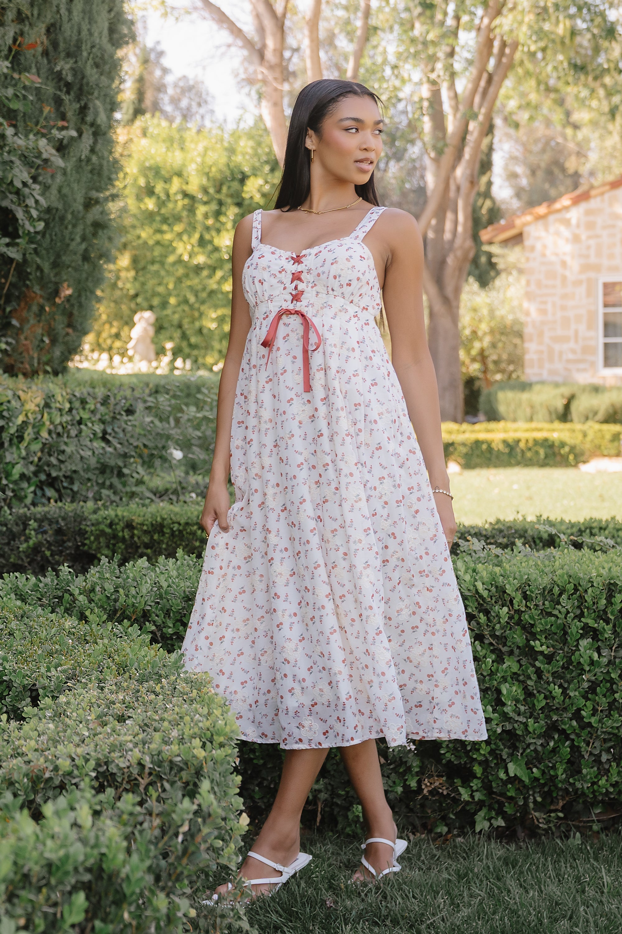 red midi dress with white flowers Honey And Hibiscus Floral Midi Dress M / red
