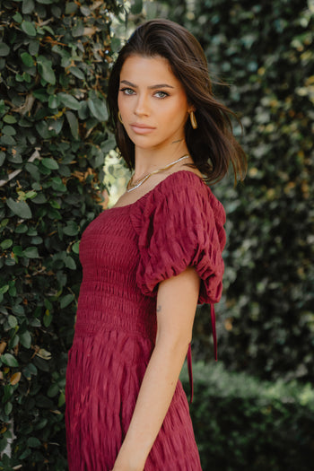 Beckie Smocked Maxi Dress in Burgundy