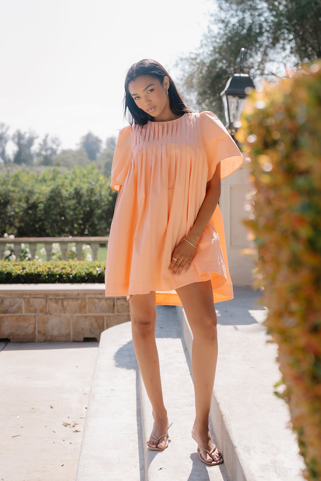 pleated orange dress Vibrant Orange Mikado Piqu Dress with Structured Pleats