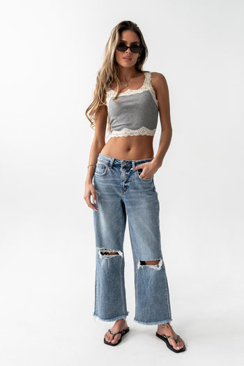Haiden Lace Trim Tank in Grey