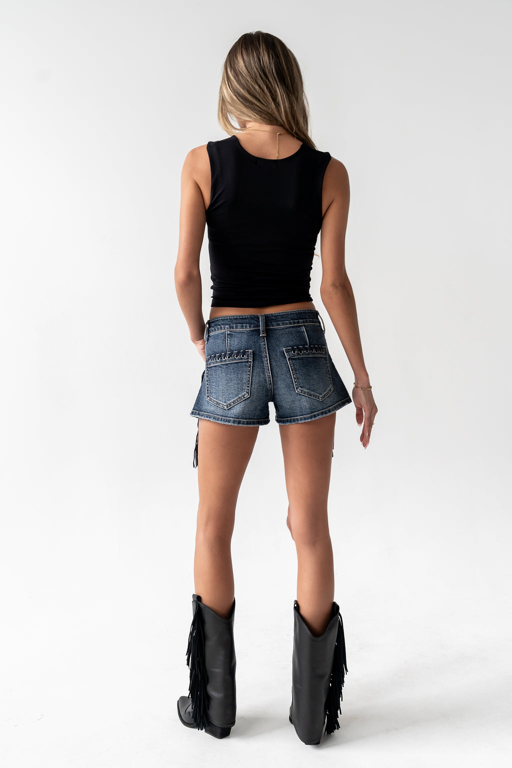 Leia Fringe Micro Shorts in Medium Wash