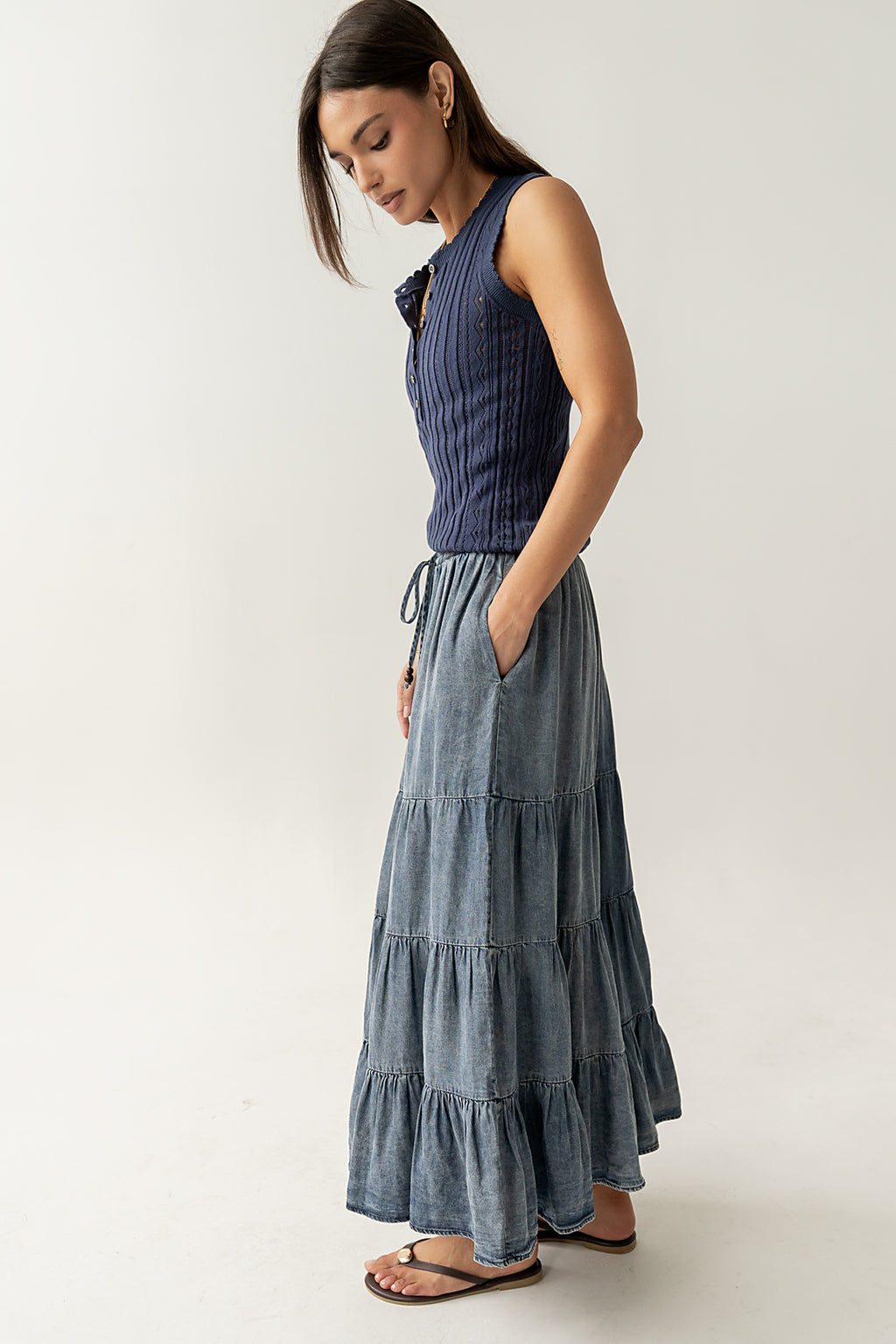 Lina Pointelle Knit Tank in Navy