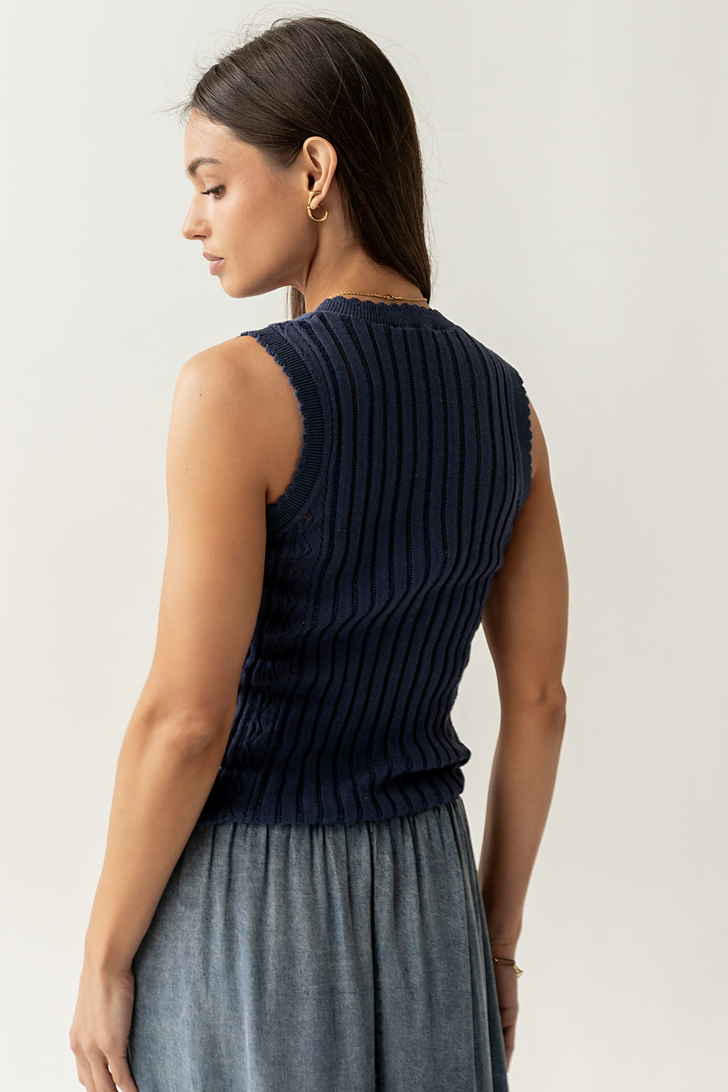 Lina Pointelle Knit Tank in Navy
