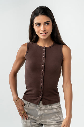 Lucas Button Up Tank Top in Brown