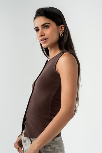 Lucas Button Up Tank Top in Brown