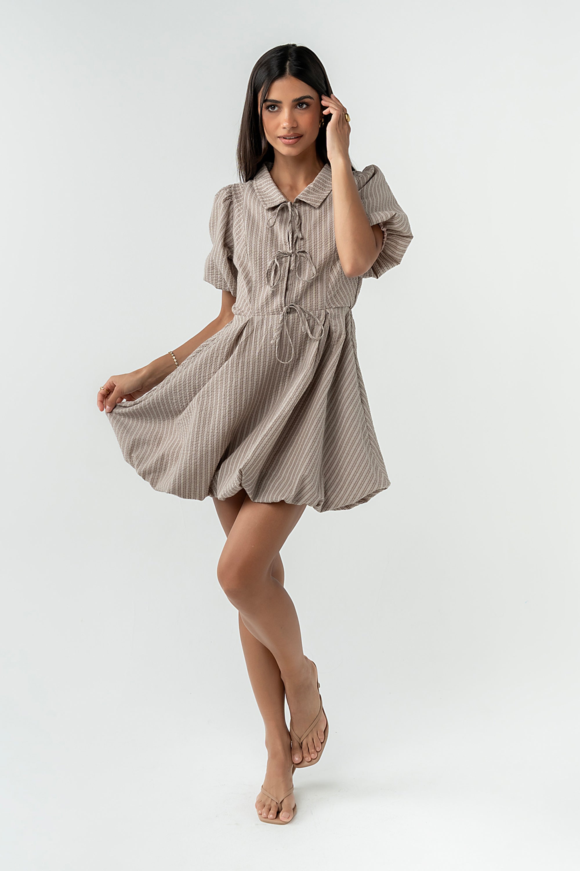 Marta Striped Bubble Dress L / Taupe