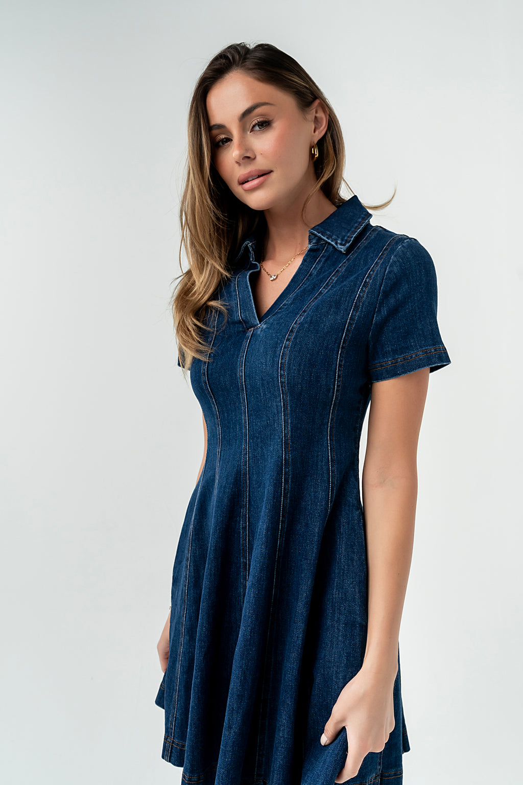 women denim mini dress Penn Button Front / Summer Blue | MESHKI 5 % Spandex Hand Wash Cold Model Measurement Wearing a Size 1X Height More Or Less Light Wash
