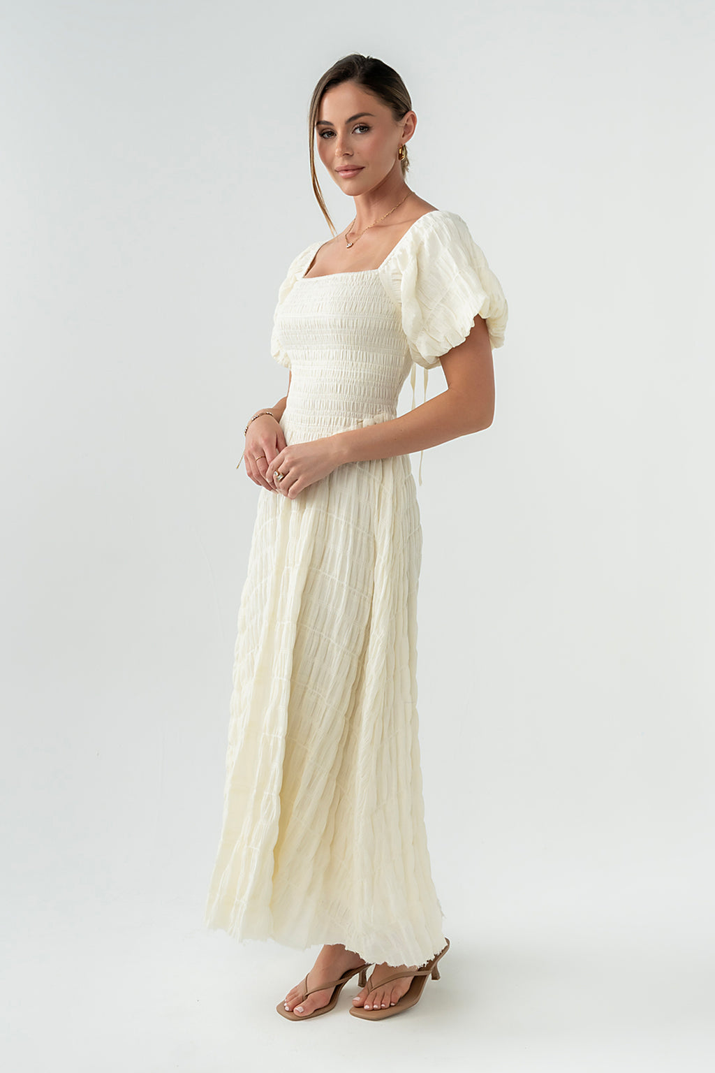 Beckie Smocked Maxi Dress in Off White