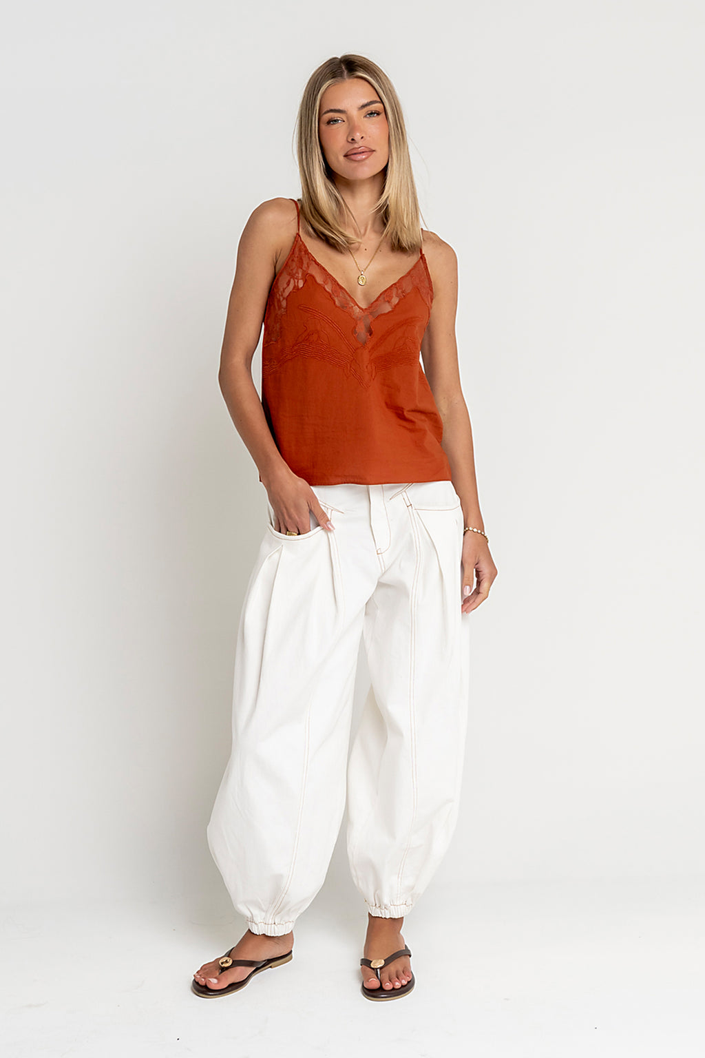 Lana Embroidered Tank Top in Rust