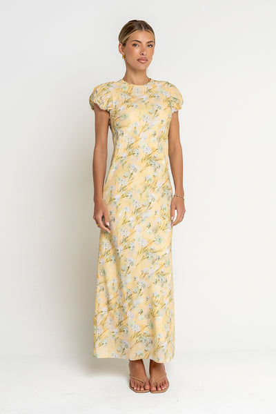 yellow floral midi dress with sleeves Ellianna Floral Maxi Dress in Butter Yellow