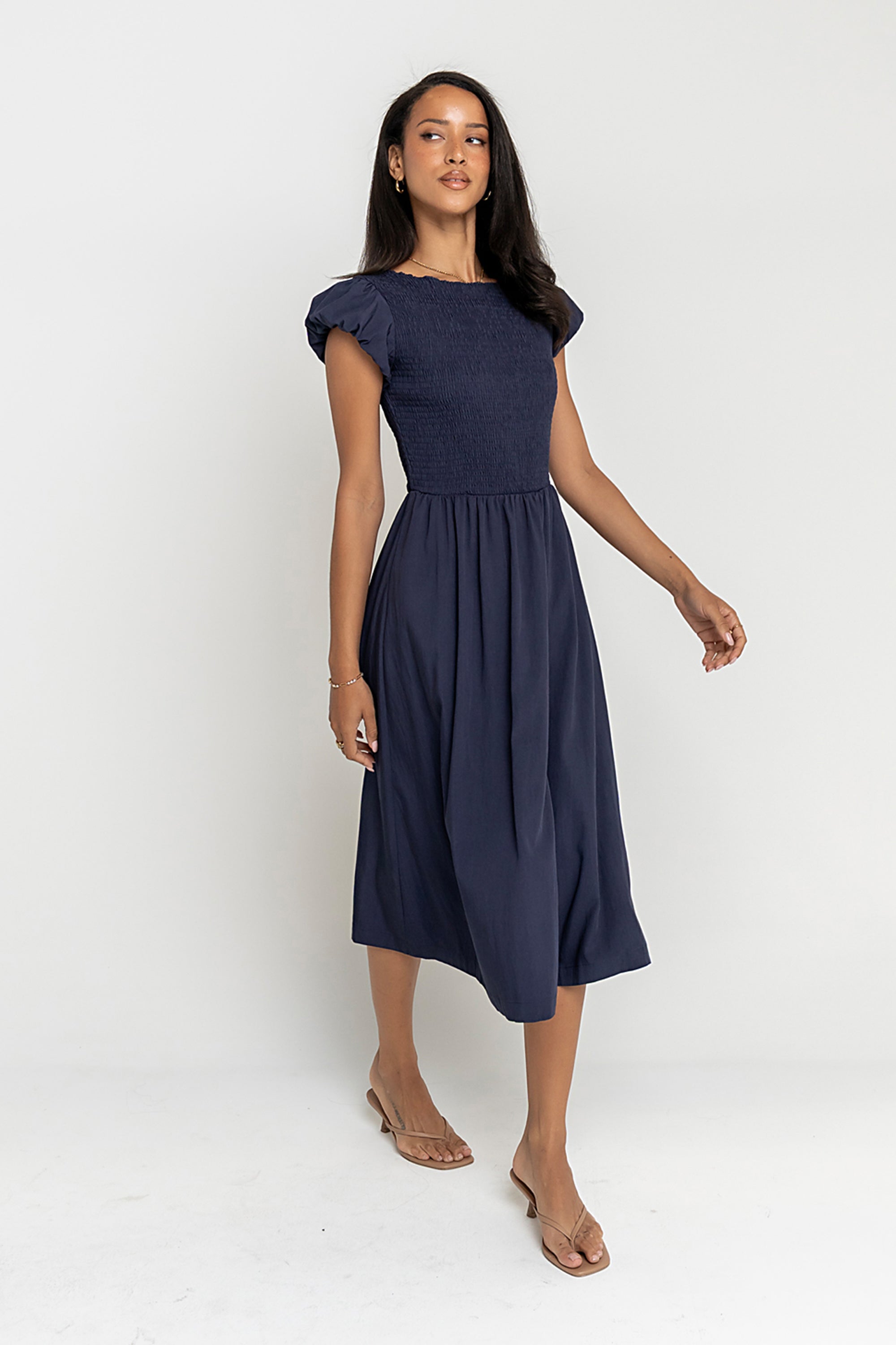 Harshell Smocked Midi Dress