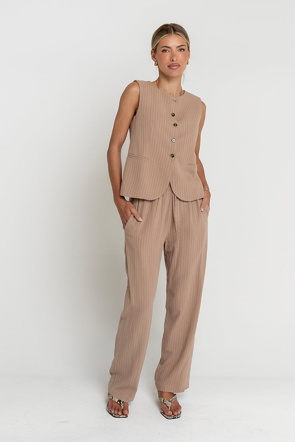 Vivienne Pinstripe Sleeveless Vest in Tan