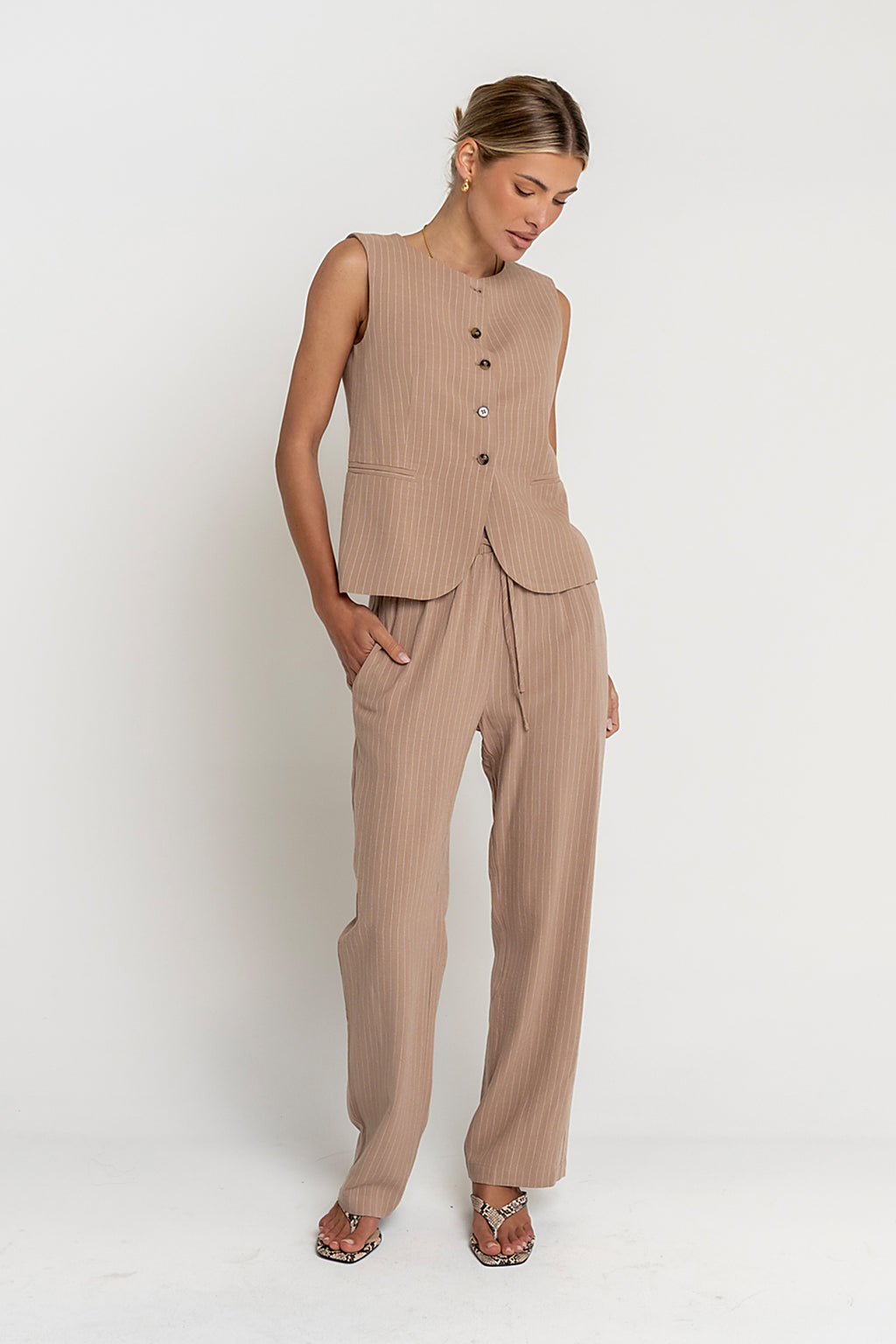 Vivienne Pinstripe Wide Leg Pants in Tan