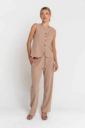 Vivienne Pinstripe Sleeveless Vest in Tan