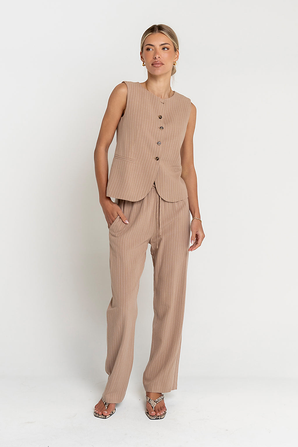 Vivienne Pinstripe Wide Leg Pants in Tan