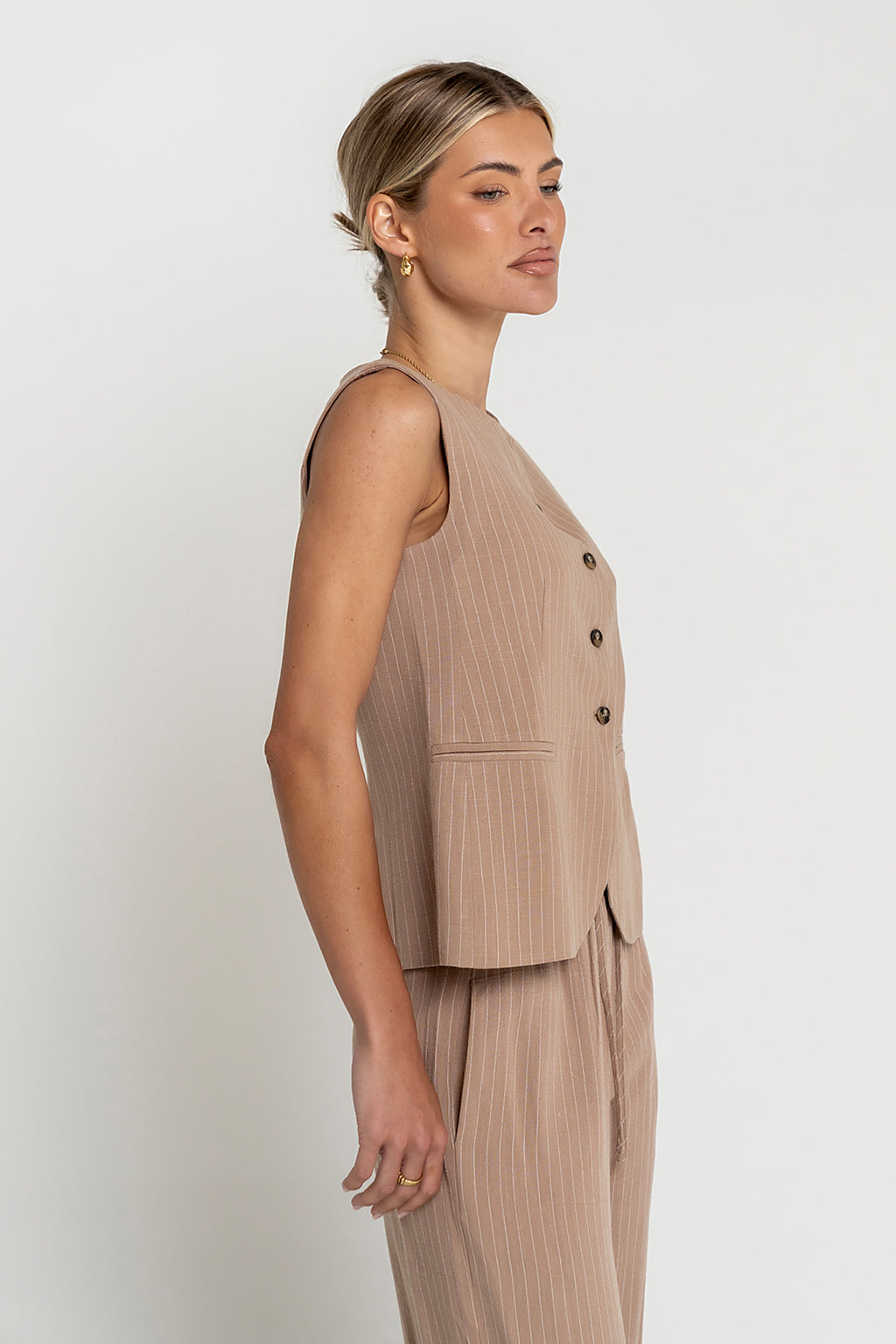 Vivienne Pinstripe Sleeveless Vest in Tan