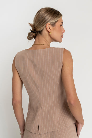 Vivienne Pinstripe Sleeveless Vest in Tan