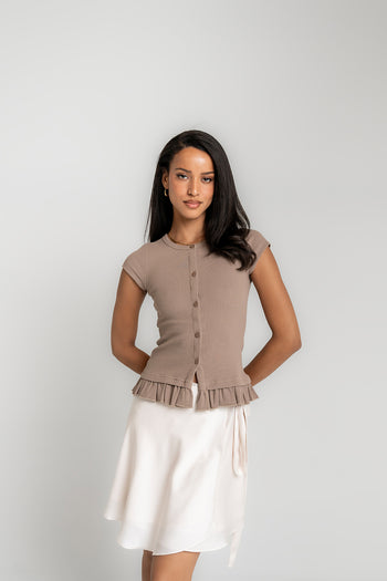Misha Ruffle Top in Taupe