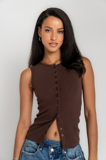 Lucas Button Up Tank Top in Brown