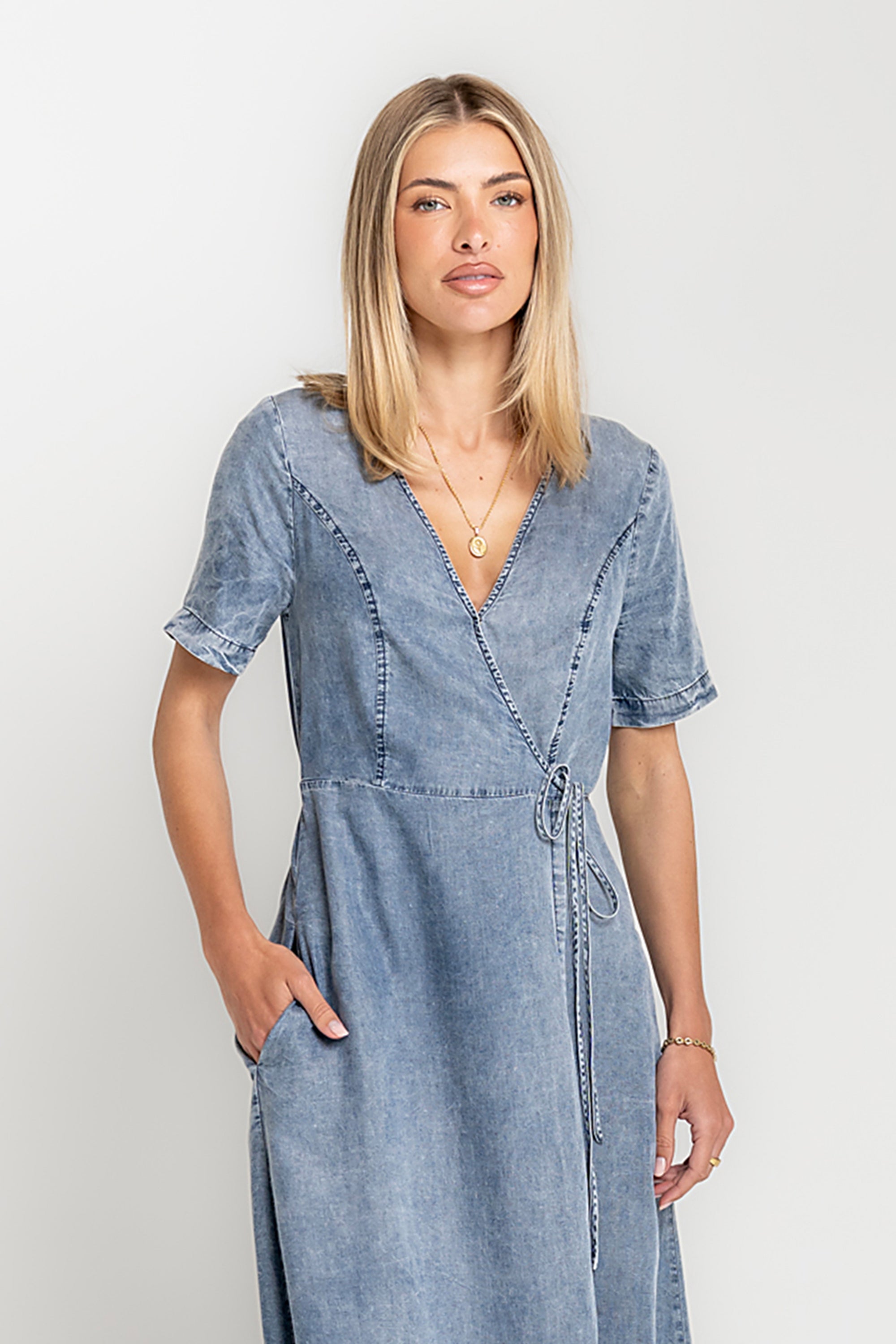 Tatum Denim Wrap Midi Dress S / Medium Wash