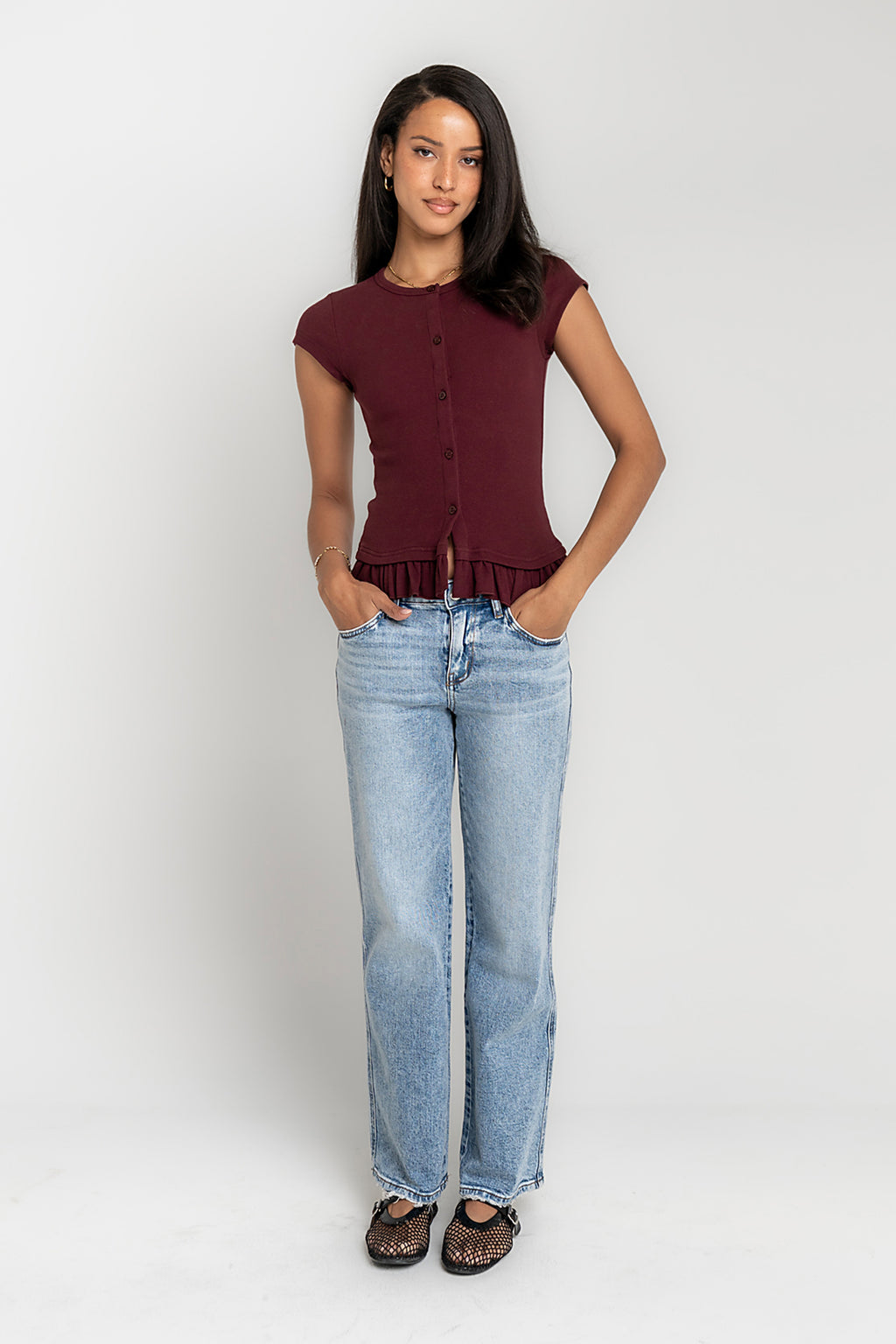 Misha Ruffle Top in Burgundy