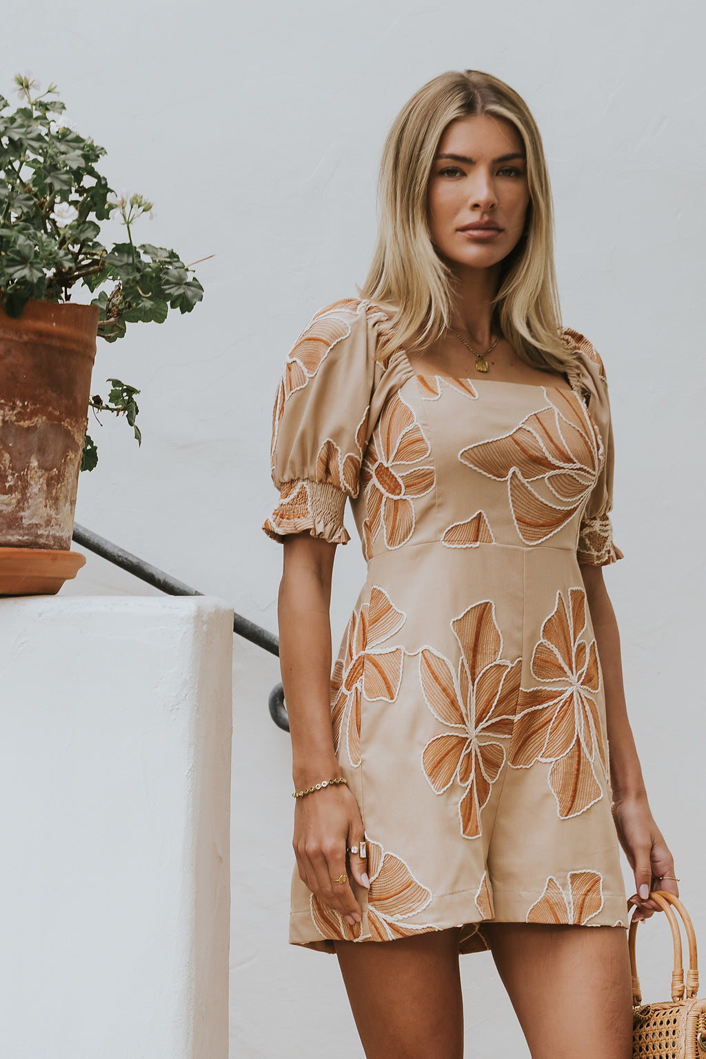 Mitsy Embroidered Floral Romper in Beige