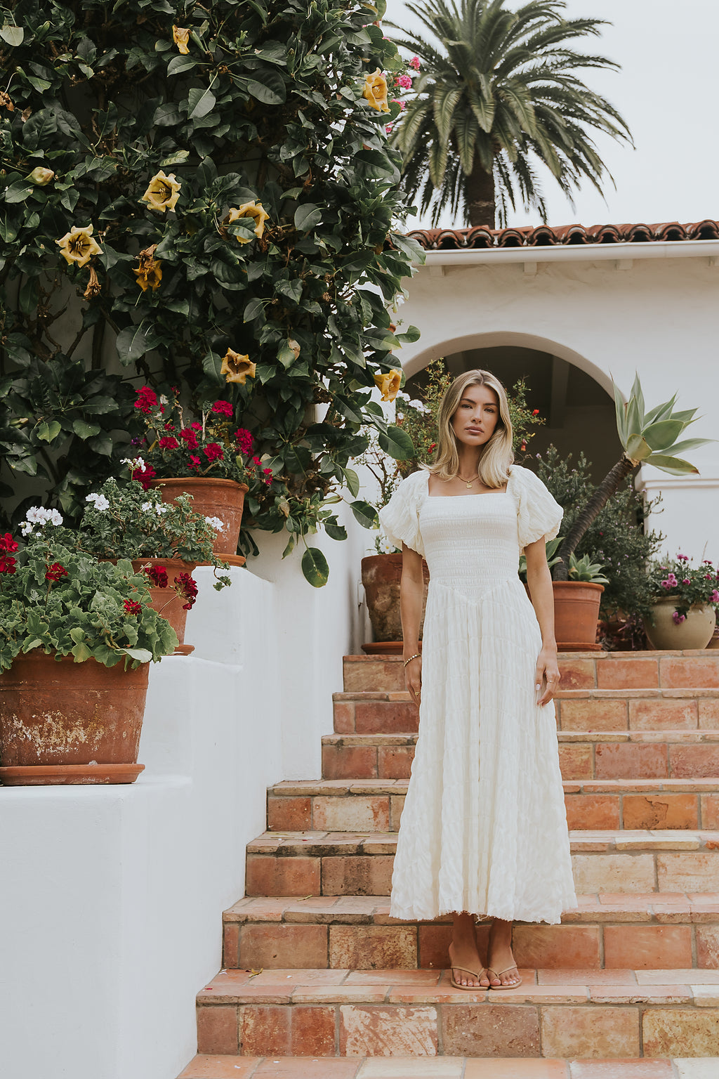 white smocked maxi dress High-Neck Sleeveless Smocked Three-Tier Maxi