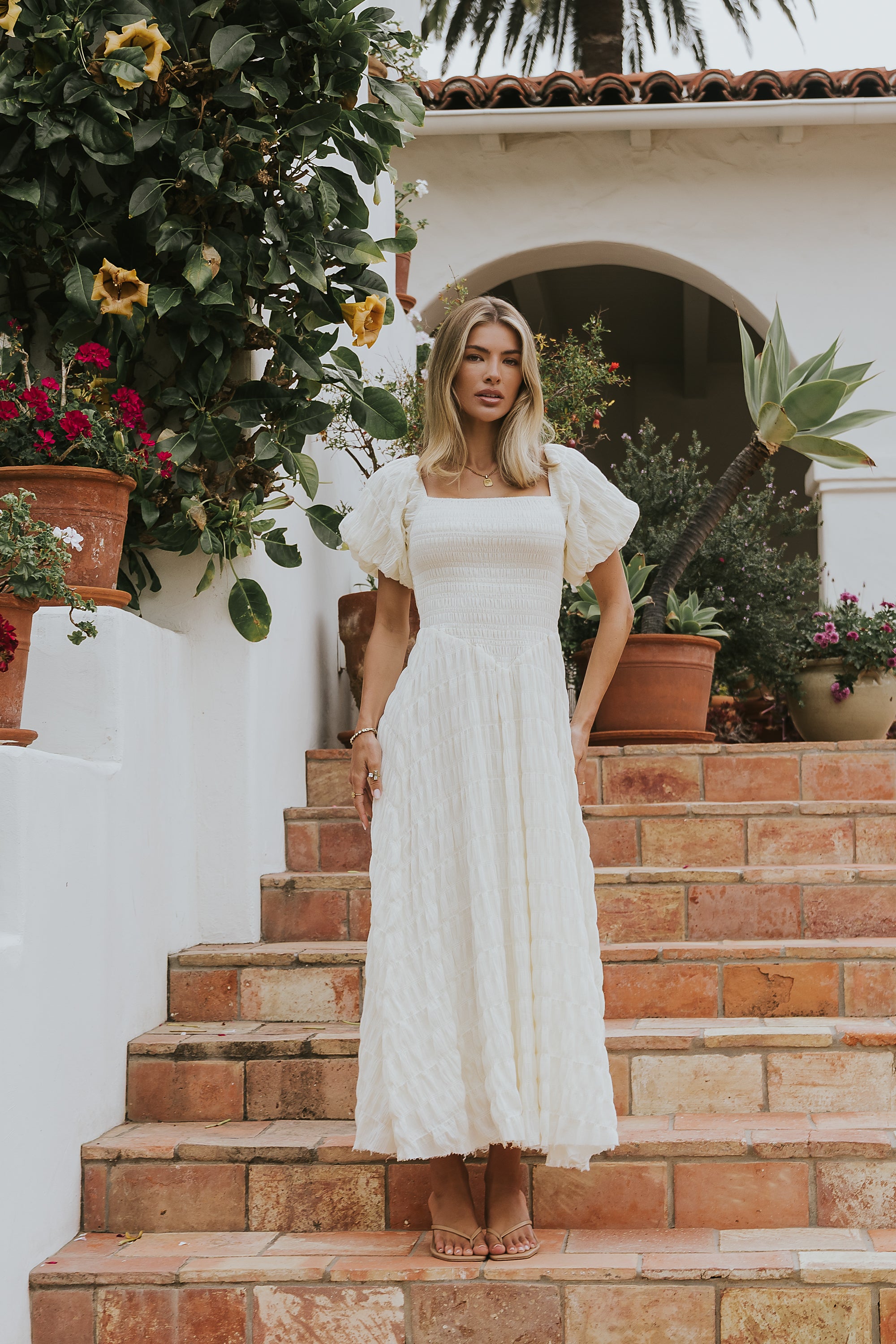 Beckie Smocked Maxi Dress in Off White L / Off White