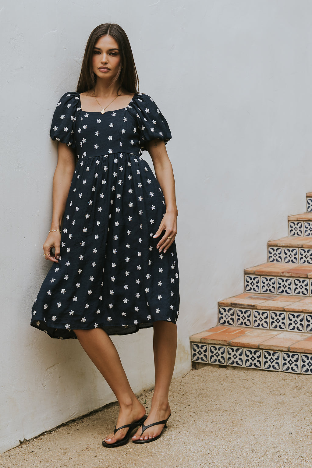 böhme Tara Embroidered Midi Dress in Navy