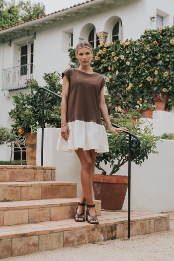 Jozie Mixed Media Mini Dress in Brown