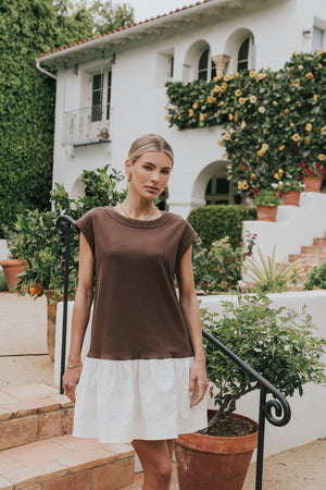 Jozie Mixed Media Mini Dress in Brown