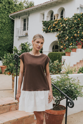 Jozie Mixed Media Mini Dress in Brown