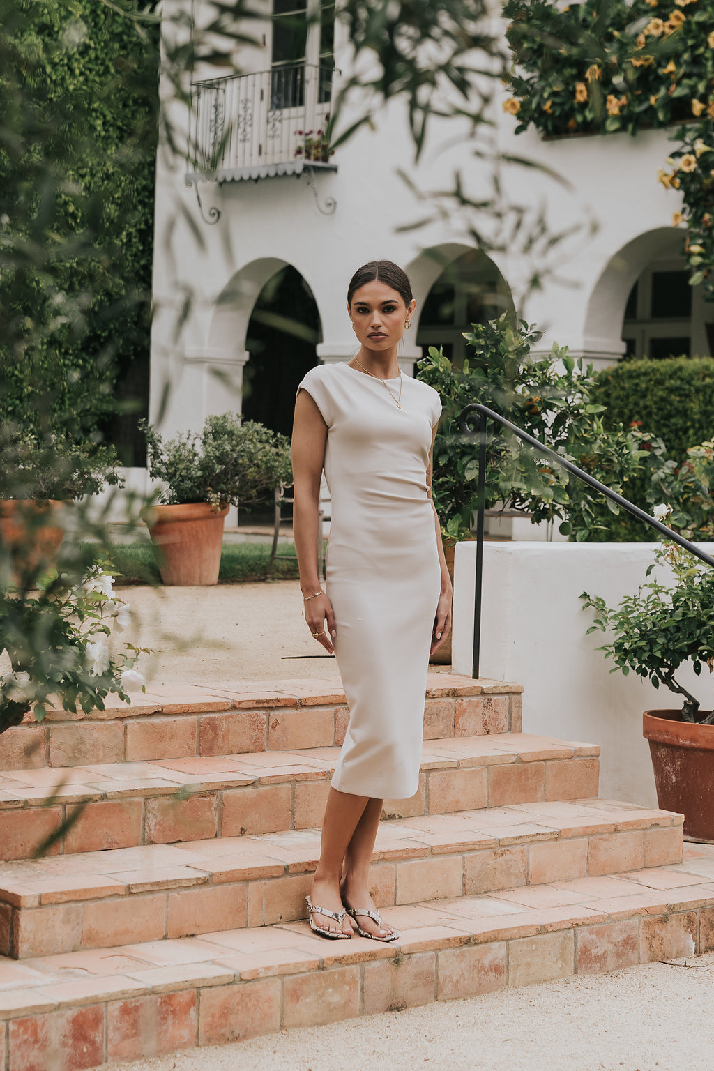fitted midi white dress Lilian Knit Eyelet Midi Dress – Bella Mia