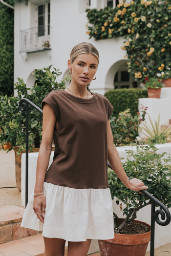 Jozie Mixed Media Mini Dress in Brown