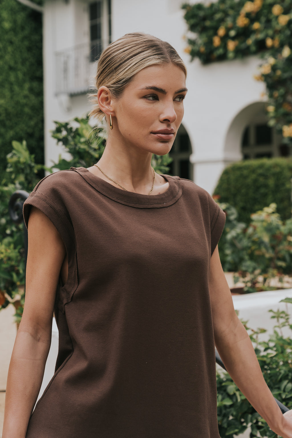 Jozie Mixed Media Mini Dress in Brown