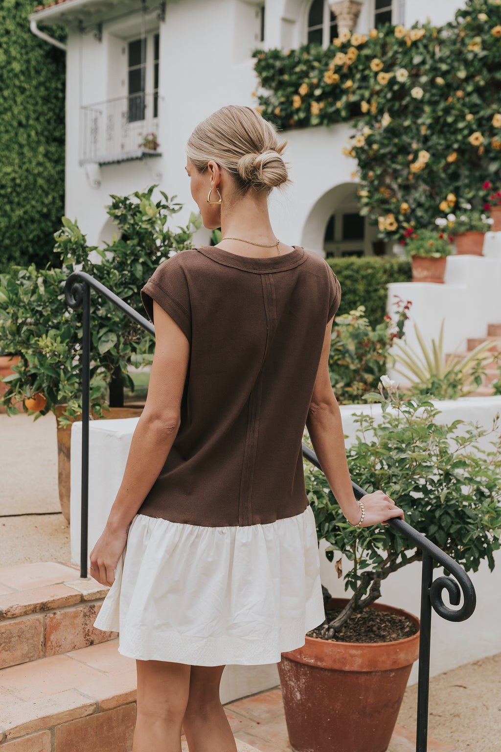 Jozie Mixed Media Mini Dress in Brown