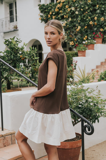 Jozie Mixed Media Mini Dress in Brown