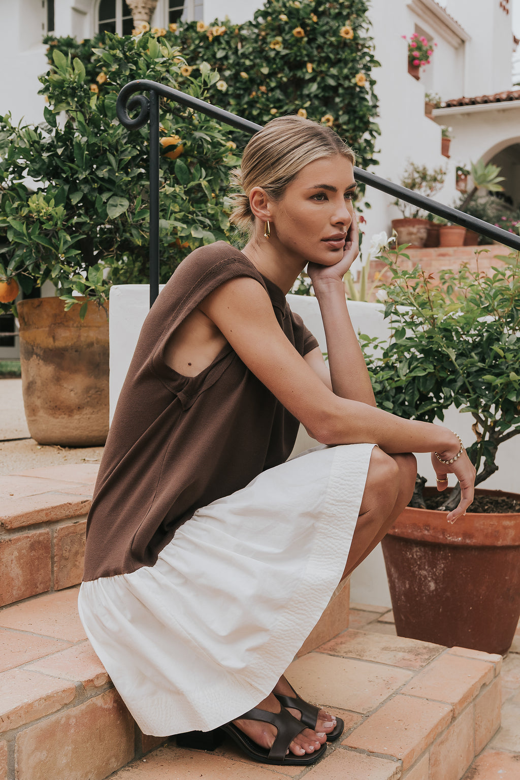 Jozie Mixed Media Mini Dress in Brown