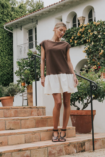 Jozie Mixed Media Mini Dress in Brown