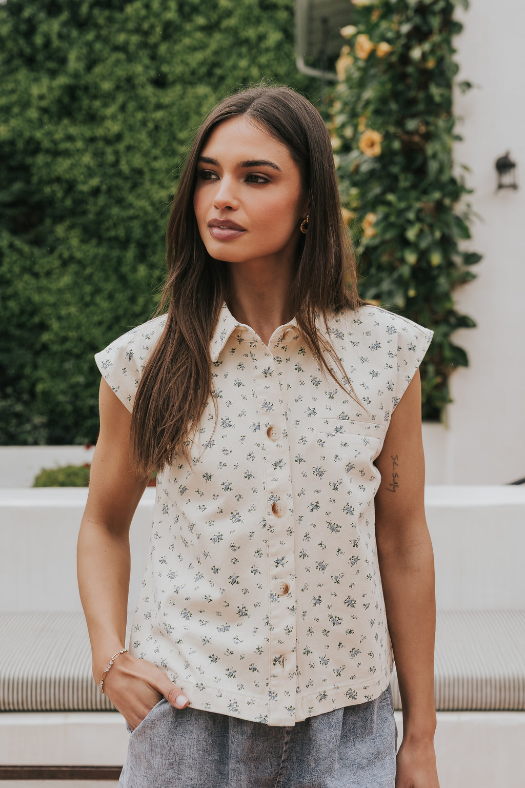 Marina Floral Button Up in Cream