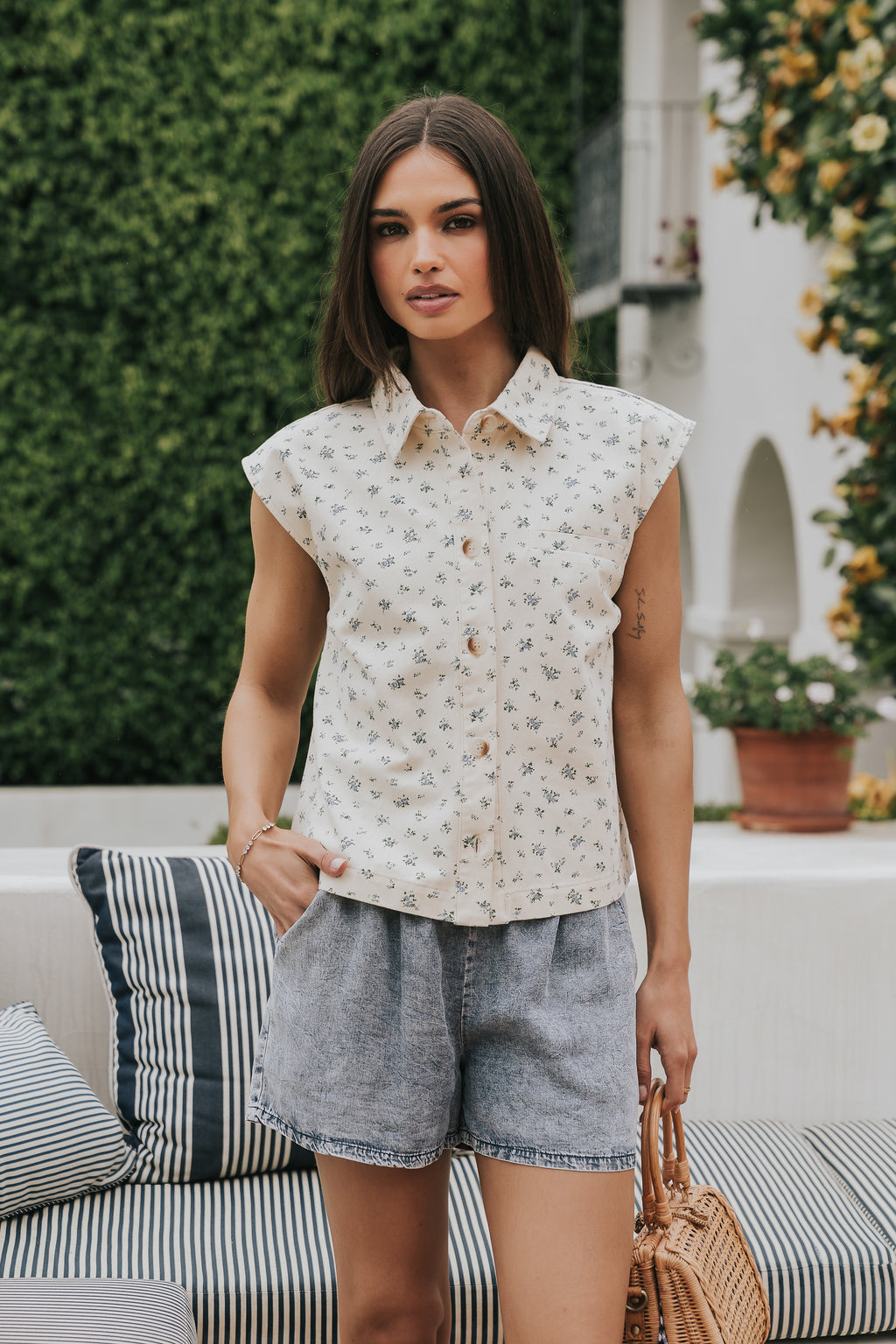 Marina Floral Button Up in Cream