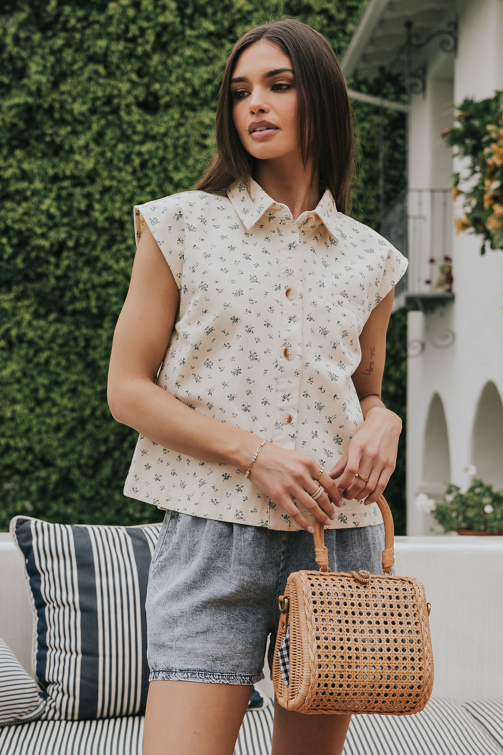 Marina Floral Button Up in Cream