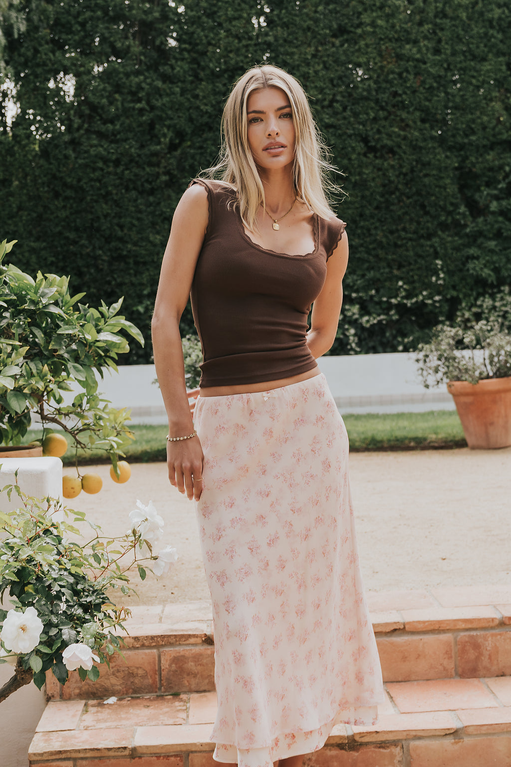 Sawyer Lace Trim Tank Top in Brown