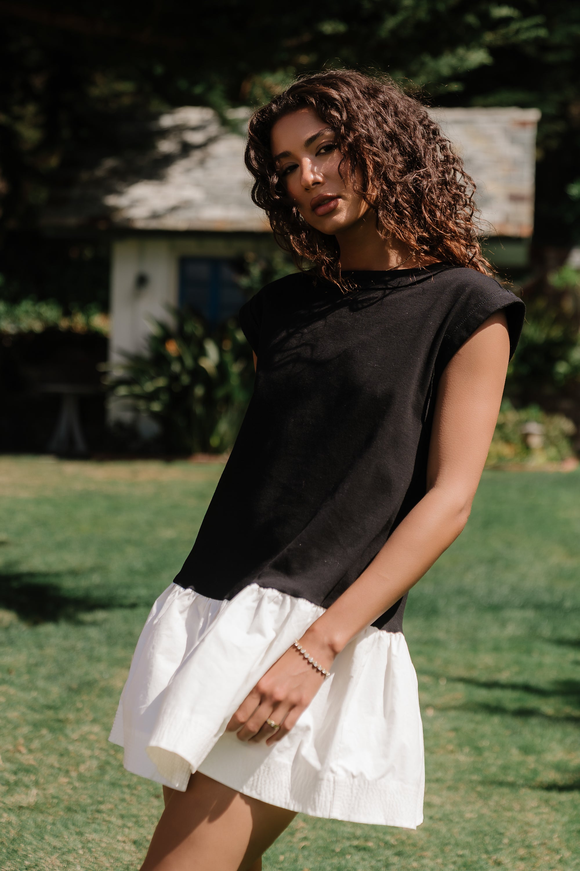 Jozie Mixed Media Mini Dress in Black M / Black