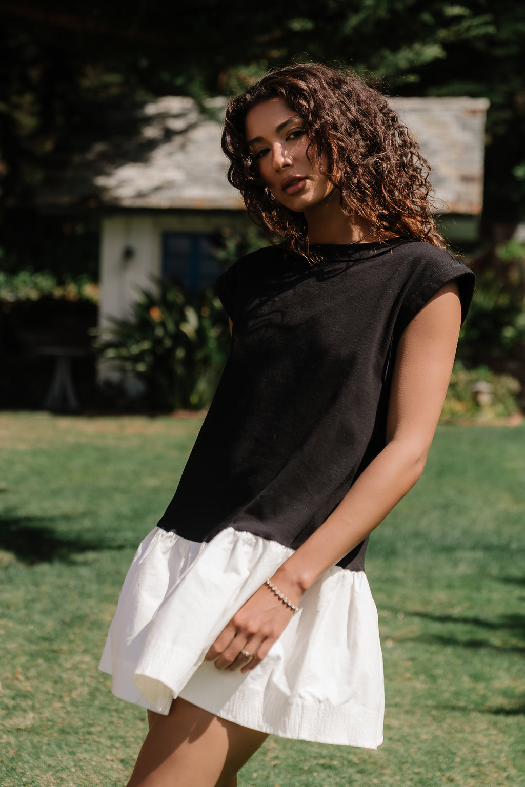Jozie Mixed Media Mini Dress in Black
