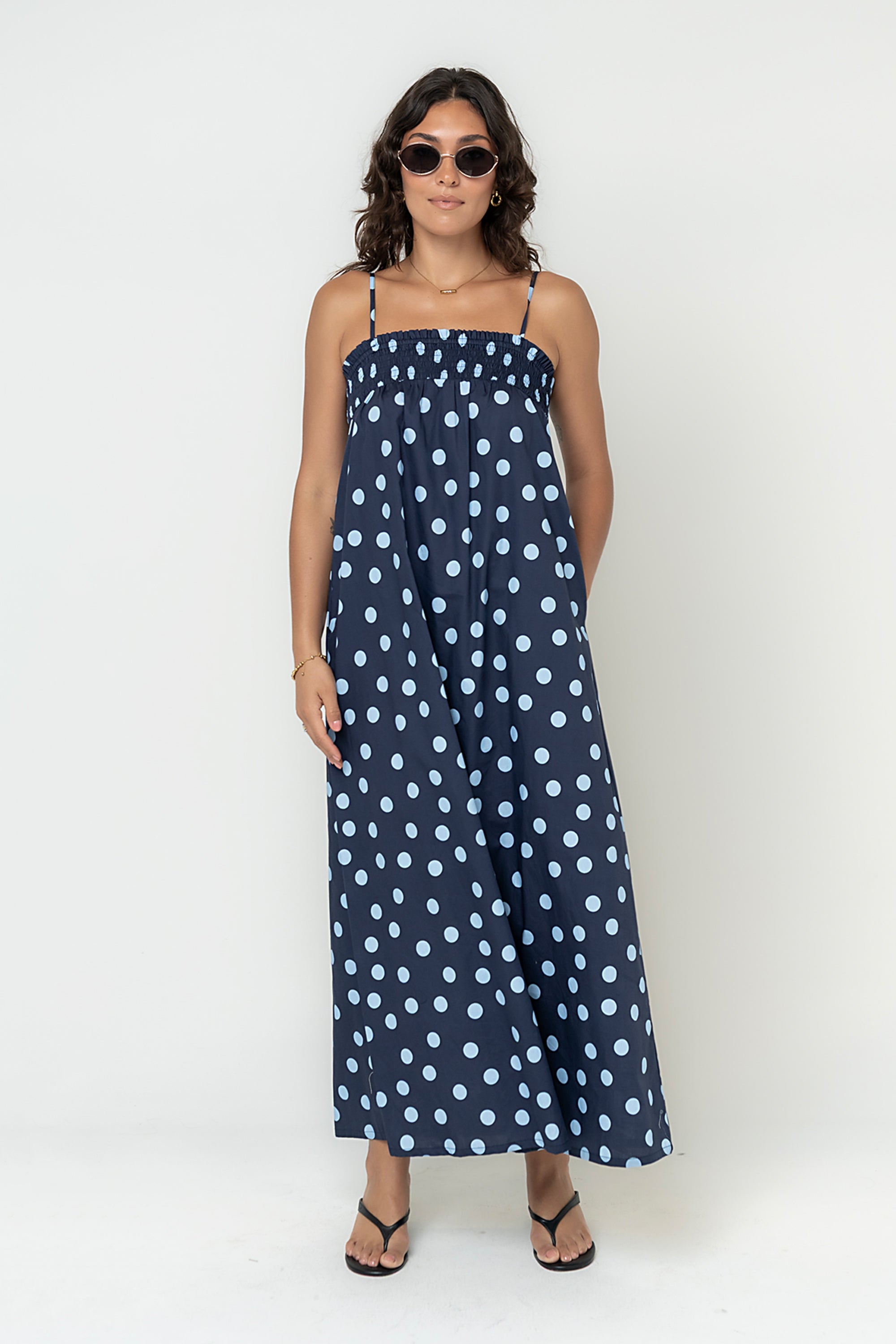 navy blue polka dot maxi dress Taylen in Midnight Womens Best Sellers IMEKIS Women Metallic Gold modern silhouette Rental type:3 days