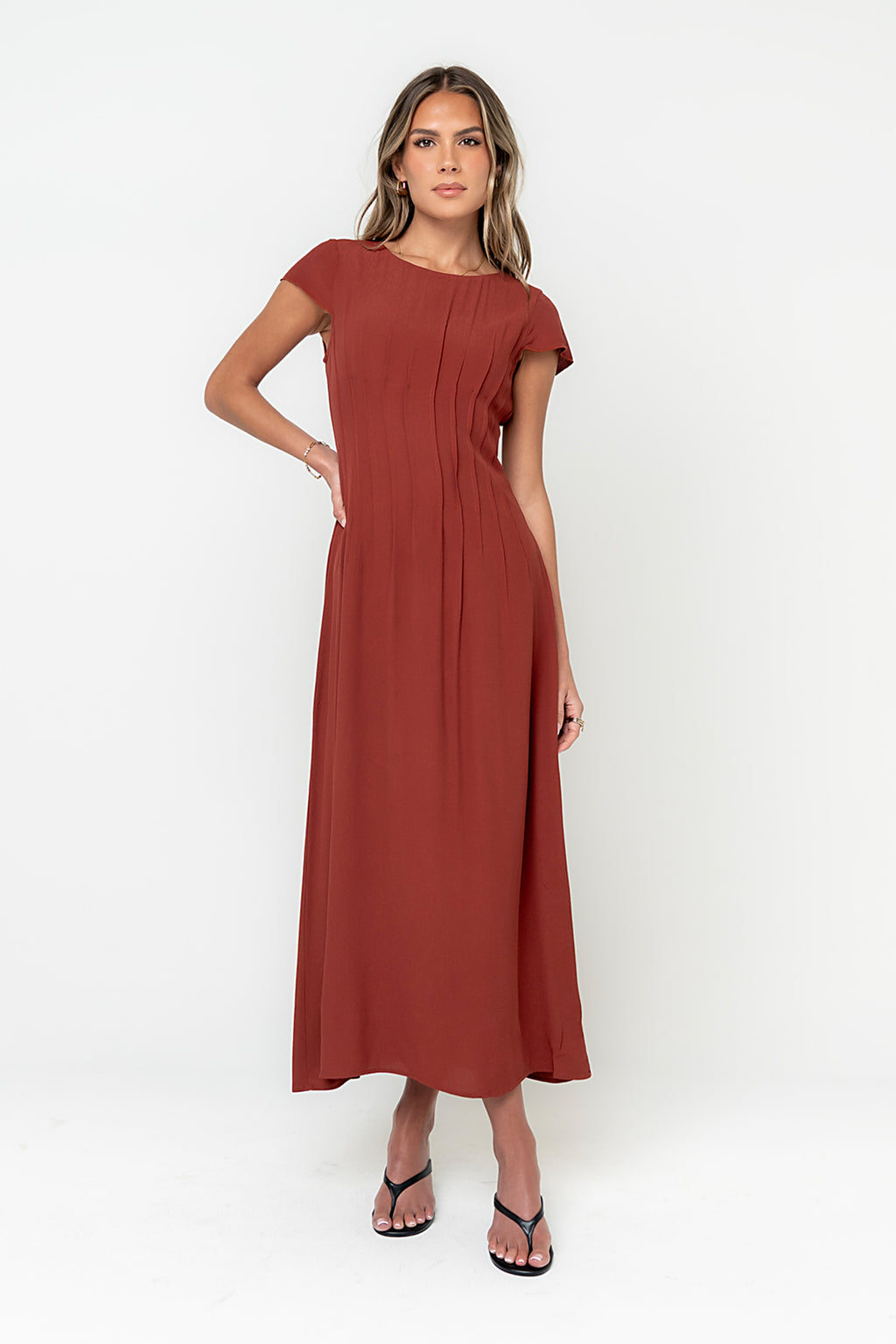 brick red maxi dress Daring Diva V Neck Smocked Ruffle Tiered Maxi Dress L Brick Red, Women's, Size: Large