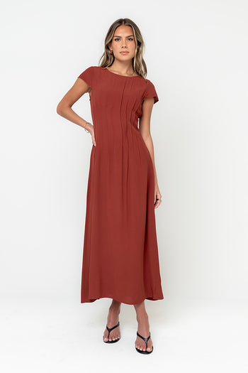 Carolina Pleated Maxi Dress in Brick