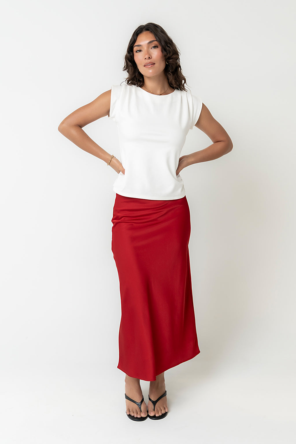 Tory Satin Maxi Skirt in Red-Brown